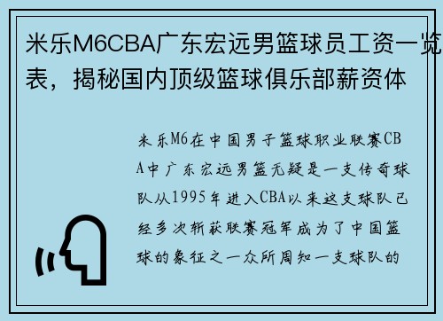 米乐M6CBA广东宏远男篮球员工资一览表，揭秘国内顶级篮球俱乐部薪资体系