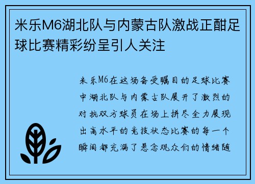 米乐M6湖北队与内蒙古队激战正酣足球比赛精彩纷呈引人关注