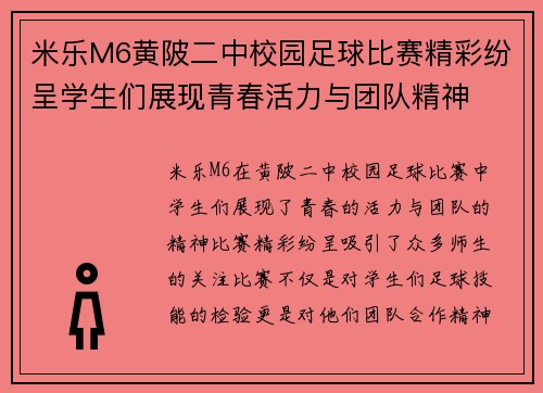 米乐M6黄陂二中校园足球比赛精彩纷呈学生们展现青春活力与团队精神
