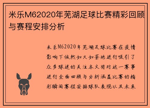 米乐M62020年芜湖足球比赛精彩回顾与赛程安排分析