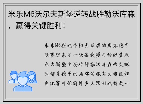 米乐M6沃尔夫斯堡逆转战胜勒沃库森，赢得关键胜利！