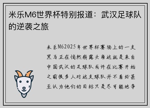 米乐M6世界杯特别报道：武汉足球队的逆袭之旅