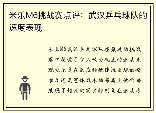 米乐M6挑战赛点评：武汉乒乓球队的速度表现