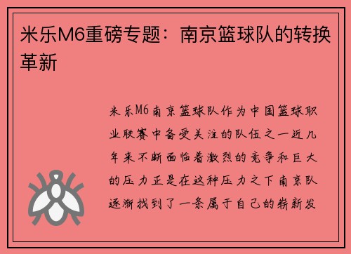 米乐M6重磅专题：南京篮球队的转换革新